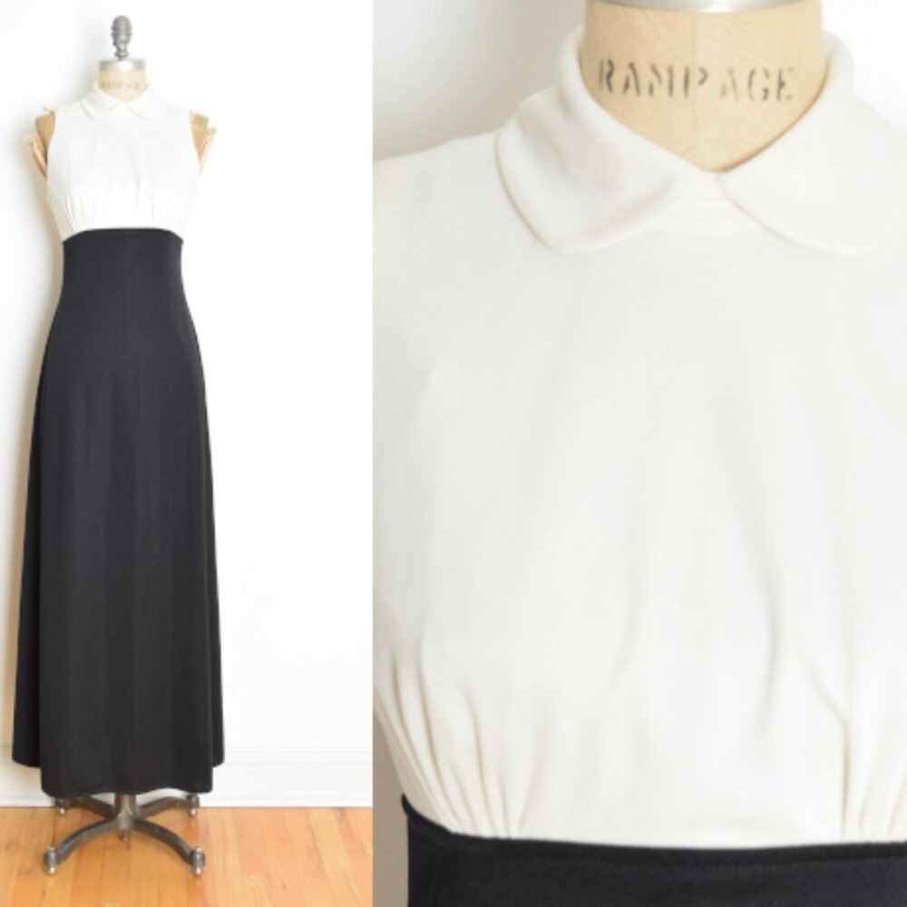 vintage 70s maxi dress black white peter pan collar empire waist long mod S